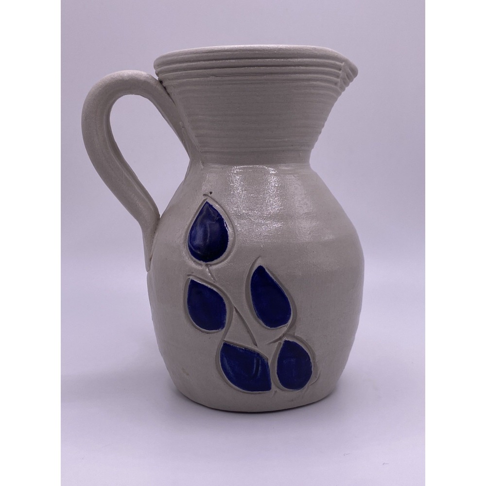 Williamsburg Pottery Salt Glaze Stoneware Pitcher Cottage Farmhouse Cobalt Blue